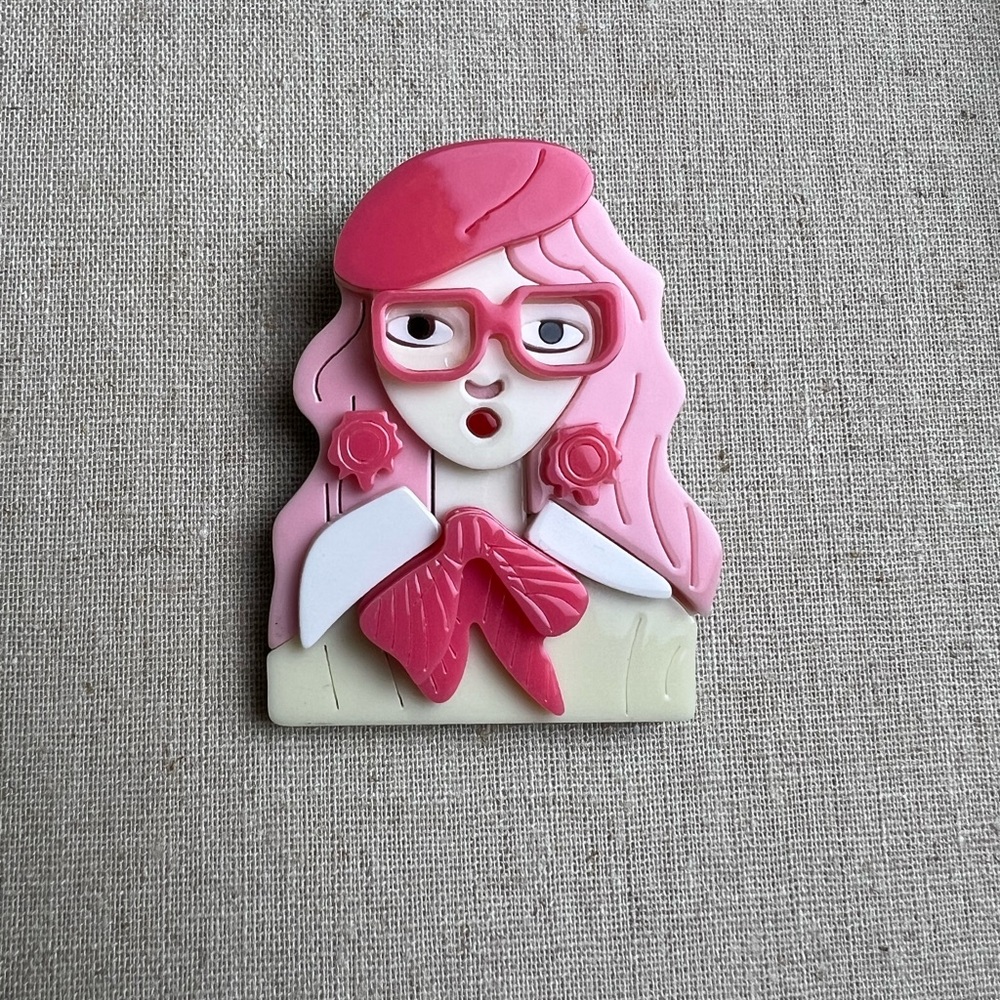 Pink Beret Hat Lady with Glasses Acrylic Brooch